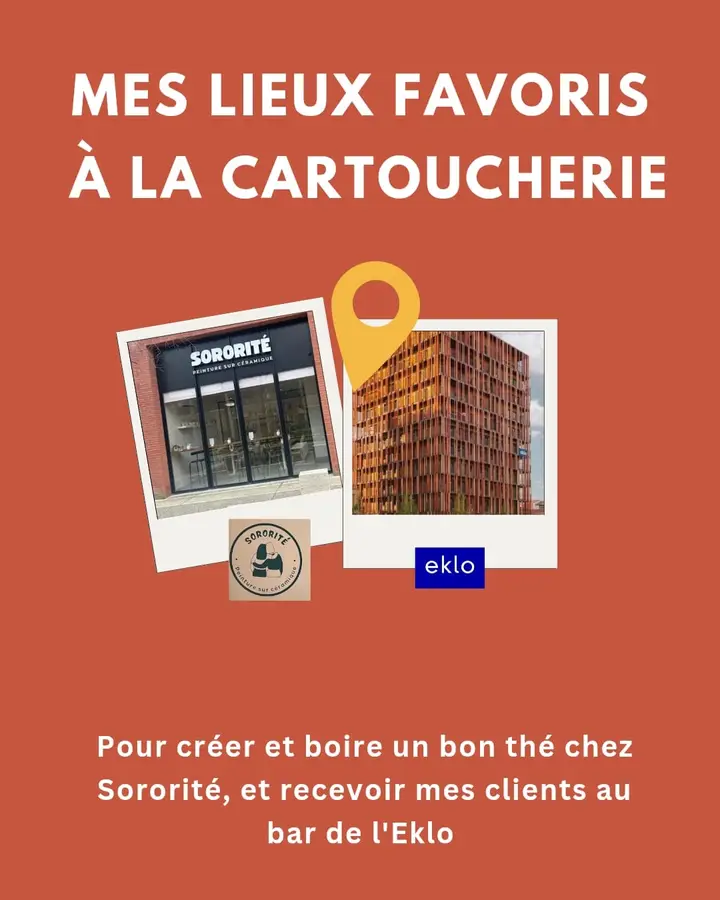 Mes lieux favoris à la Cartoucherie : Sororité (peinture sur céramique) et l’Eklo. Pour créer et boire un bon thé chez Sororité, et recevoir mes clients au bar de l’Eklo.