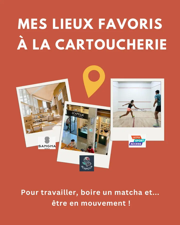 Mes lieux favoris à la Cartoucherie : Sangha Hotels, le coffee shop Acapella et UCPA Sport Access. Pour travailler, boire un matcha et… être en mouvement !